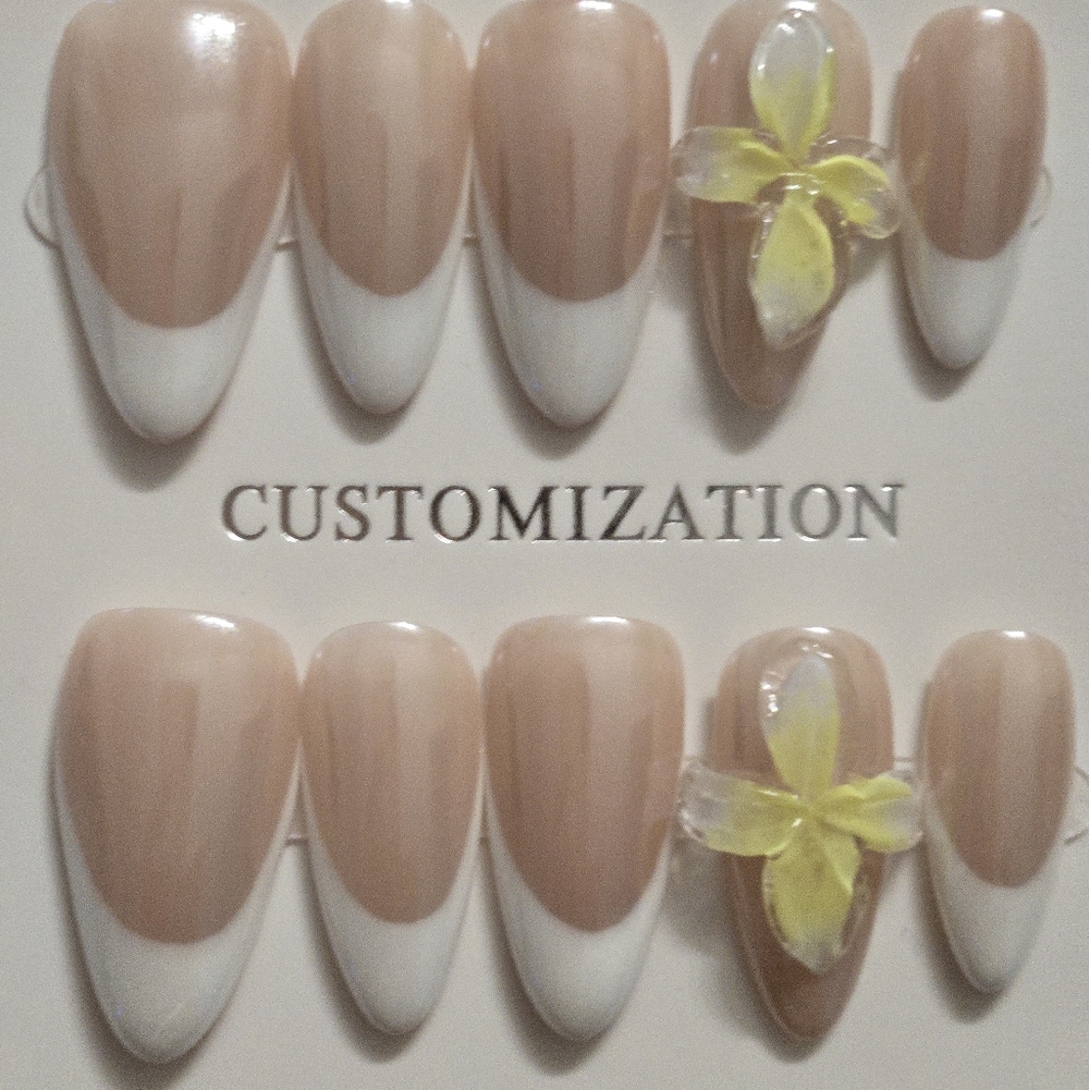 Neutral French Tip Press-On Nails w/Yellow Floral, Medium Length Almond Shape